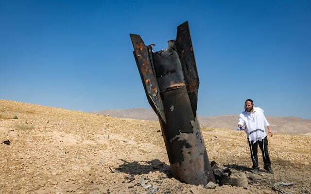 Part of an Iranian ballistic missile is seen in the desert near Jericho in the West Bank after being fired toward Israel from Iran, June 8, 2026 (Chaim Goldberg/Flash90) Part of an Iranian ballistic missile is seen in the desert near Jericho in the West Bank after being fired toward Israel from Iran, June 8, 2026 (Chaim Goldberg/Flash90)