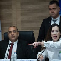 MK Tally Gotliv (right) and MK Ofir Katz (center) at a Knesset House committee meeting, Jerusalem, June 8, 2026. (Yonatan Sindel/Flash90)