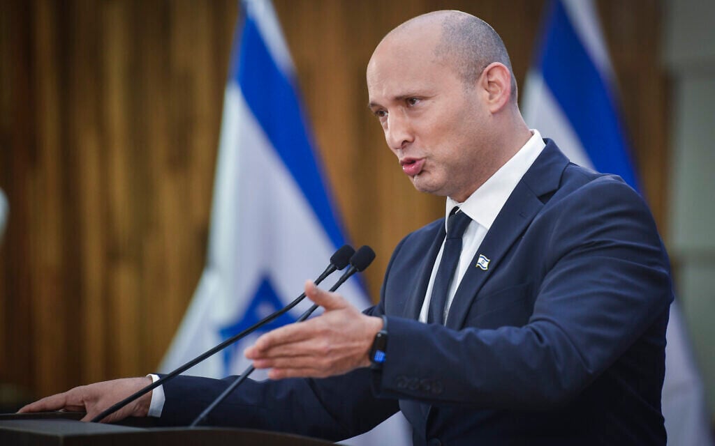 'Together' party leader and former prime minister Naftali Bennett speaks during a press conference in Tel Aviv, June 15, 2026. (Avshalom Sassoni/ Flash90)