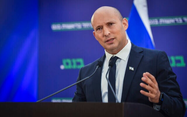 Chairman of the “Together” party and former prime minister Naftali Bennett speaks during a press conference in Tel Aviv, June 15, 2026. (Avshalom Sassoni/Flash90)