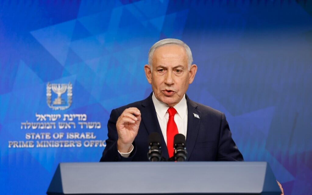 Prime Minister Benjamin Netanyahu holds a press conferene at the Prime Minister's Office in Jerusalem, June 15, 2026. (Olivier Fitoussi/POOL)