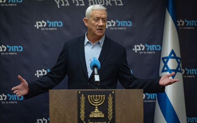 Blue and White leader Benny Gantz leads a faction meeting at the Knesset, Jerusalem, June 15, 2026. (Yonatan Sindel/Flash90)