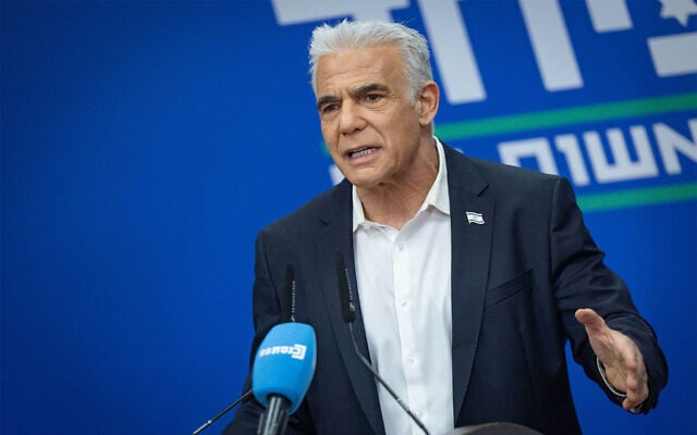 Opposition Leader Yair Lapid leads a Yesh Atid faction meeting at the Knesset in Jerusalem, June 15, 2026. (Yonatan Sindel/Flash90)
