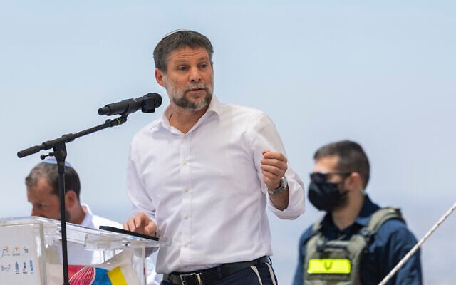 Finance Minister Bezalel Smotrich attends a cornerstone-laying ceremony for the new settlement of Doran in the Mount Hebron region of the West Bank, June 16, 2026. (Chaim Goldberg/Flash90)