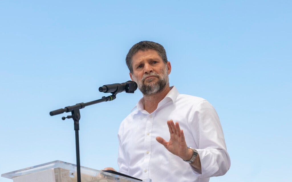 Finance Minister Bezalel Smotrich attends a cornerstone-laying ceremony for the new settlement of Doran in the Mount Hebron region of the West Bank, June 16, 2026. (Chaim Goldberg/Flash90)