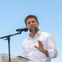 Finance Minister Bezalel Smotrich attends a cornerstone-laying ceremony for the new settlement of Doran in the Mount Hebron region of the West Bank, June 16, 2026. (Chaim Goldberg/Flash90)