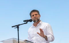 Finance Minister Bezalel Smotrich attends a cornerstone-laying ceremony for the new settlement of Doran in the Mount Hebron region of the West Bank, June 16, 2026. (Chaim Goldberg/Flash90)