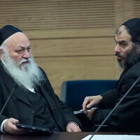 United Torah Judaism MK Yitzchak Goldknopf (left) and his senior aide Motti Babchik attend a meeting of the Knesset House Committee in Jerusalem, June 16, 2026. (Yonatan Sindel/Flash90)