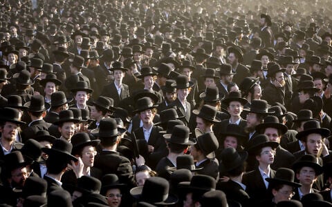 Thousands of ultra-Orthodox men protest outside Military Prison near Kfar Yona against the jailing of draft dodgers, June 17, 2026 (Tal Gal/Flash90)