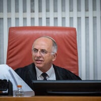 Supreme Court Deputy President Noam Sohlberg presides over a hearing on petitions seeking to overturn the election of Michael Rabello as state comptroller, June 18, 2026. (Yonatan Sindel/Flash90)