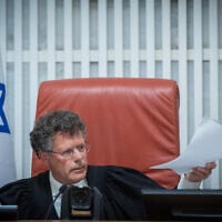 Supreme Court President Isaac Amit presides over a hearing for petitions demanding that a law politicizing the judicial appointments process be struck down, June 21, 2026. (Yonatan Sindel/Flash90)