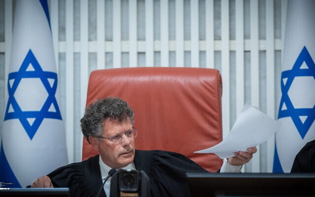 Supreme Court President Isaac Amit presides over a hearing for petitions demanding that a law politicizing the judicial appointments process be struck down, June 21, 2026. (Yonatan Sindel/Flash90)