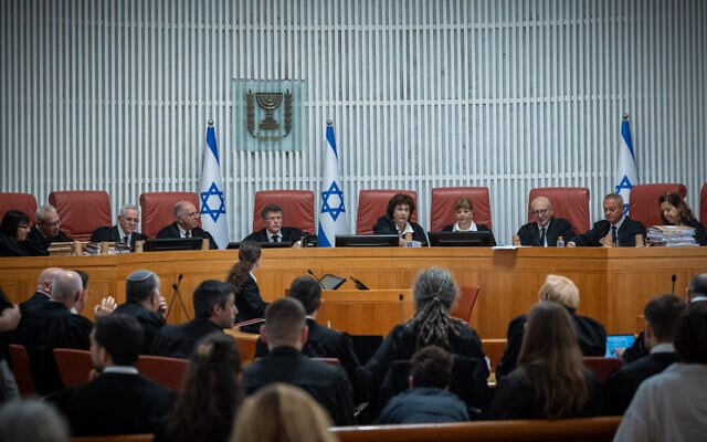 Supreme Court President Isaac Amit and 10 justices at a High Court hearing on a law increasing political power over judicial appointments in Jerusalem, June 21, 2026. (Yonatan Sindel/Flash90) Supreme Court President Isaac Amit and 10 justices at a High Court hearing on a law increasing political power over judicial appointments in Jerusalem, June 21, 2026. (Yonatan Sindel/Flash90)