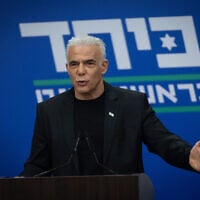 Opposition leader Yair Lapid leads a faction meeting at the Knesset in Jerusalem on June 22, 2026. (Yonatan Sindel/ Flash90)