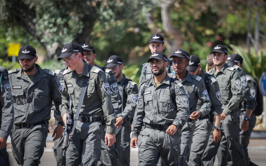 Border police offers prepare for an ultra-Orthodox demonstration against the arrest of Haredi draft evaders near the Neve Tzedek (Beit Lid) military prison in Kfar Yona, central Israel, on June 24, 2026. (Tal Gal/Flash90)