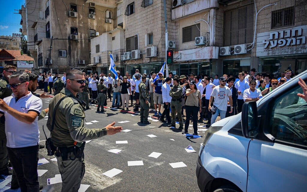 Protesters supporting the conscription of ultra-Orthodox Jewish men into the military block a road in the city of Bnei Brak, June 26, 2026. (Avshalom Sassoni/Flash90)