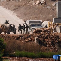 Israeli military vehicles and personnel seen at a border crossing into Lebanon, June 28, 2026. (Ayal Margolin/FLASH90)
