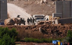 Israeli military vehicles and personnel seen at a border crossing into Lebanon, June 28, 2026. (Ayal Margolin/FLASH90)