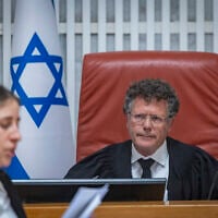 Supreme Court President Isaac Amit presides over a hearing in the High Court of Justice for petitions asking that the election of attorney Michael Rabello as state comptroller be annulled, June 28, 2026. (Chaim Goldberg/Flash90)