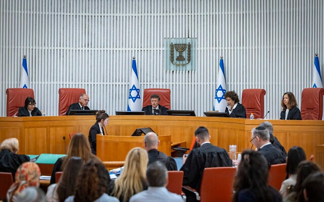 A hearing at the Supreme Court in Jerusalem on petitions seeking to overturn the election of attorney Michael Rabello as state comptroller, June 28, 2026 (Chaim Goldberg/Flash90)