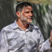 Finance Minister Bezalel Smotrich attends a ceremony for the construction of 1,000 new housing units, in Kibbutz Ein Hashlosha, near the border with the Gaza Strip, southern Israel, June 29, 2026. (Tsafrir Abayov/Flash90)