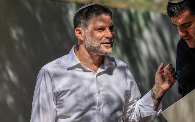 Finance Minister Bezalel Smotrich attends a ceremony for the construction of 1,000 new housing units, in Kibbutz Ein Hashlosha, near the border with the Gaza Strip, southern Israel, June 29, 2026. (Tsafrir Abayov/Flash90)