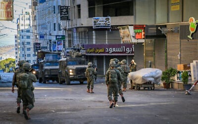IDF forces operate during a raid in the West Bank city of Nablus, June 30, 2026. (Nasser Ishtayeh/Flash90) IDF forces operate during a raid in the West Bank city of Nablus, June 30, 2026. (Nasser Ishtayeh/Flash90)