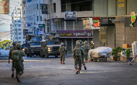 IDF forces operate during a raid in the West Bank city of Nablus, June 30, 2026. (Nasser Ishtayeh/Flash90)