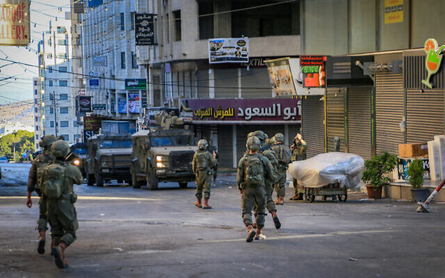 IDF forces operate during a raid in the West Bank city of Nablus, June 30, 2026. (Nasser Ishtayeh/Flash90) IDF forces operate during a raid in the West Bank city of Nablus, June 30, 2026. (Nasser Ishtayeh/Flash90)