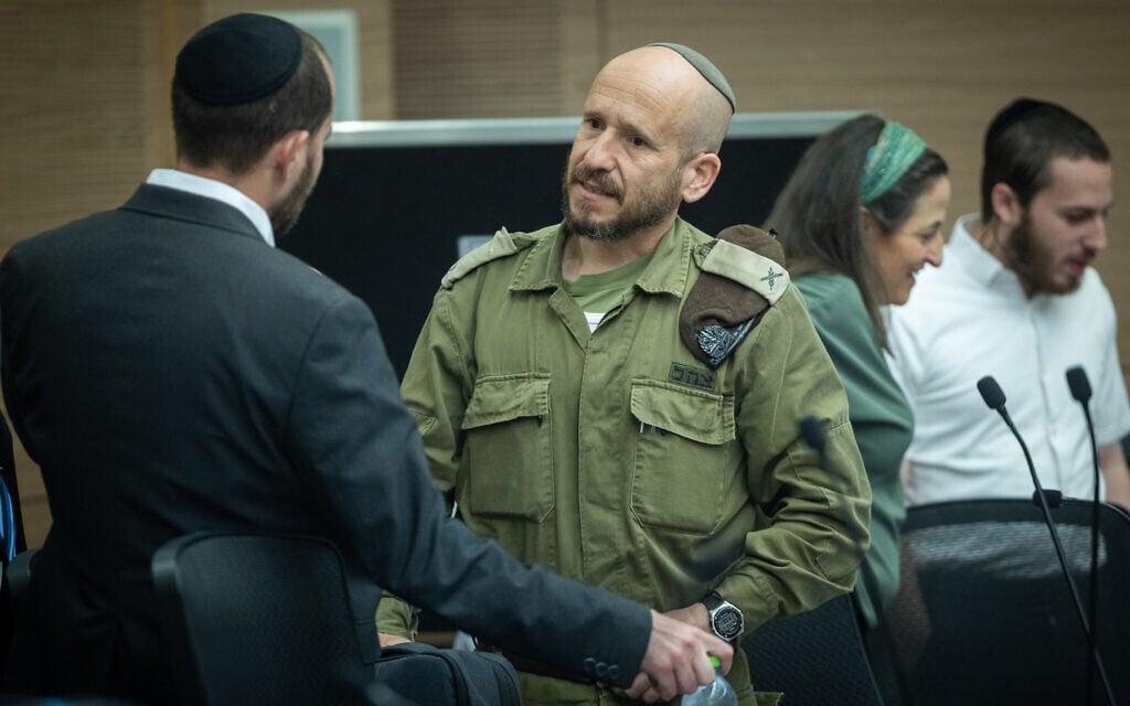 Brig. Gen. Shay Tayeb, head of the IDF Personnel Directorate's Planning and Personnel Management Division, attends a Foreign Affairs and Defense Committee hearing at the Knesset in Jerusalem, June 30, 2026. (Yonatan Sindel/Flash90)