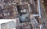 An aerial photograph of Room B in the 101 Building at Tel 'Eton in the southeastern part of Israel's Judean Shephelah. At the bottom left corner, the two segments of a standing stone (massebah). According to a 2026 study, the stone might have been repurposed following the religious reform by biblical King Hezekiah in the 8th century BCE. (Photo by Griffin Aerial Imaging; prepared by Dvir Rotem/Tel 'Eton Archaeological Expedition)