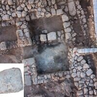 An aerial photograph of Room B in the 101 Building at Tel 'Eton in the southeastern part of Israel's Judean Shephelah. At the bottom left corner, the two segments of a standing stone (massebah). According to a 2026 study, the stone might have been repurposed following the religious reform by biblical King Hezekiah in the 8th century BCE. (Photo by Griffin Aerial Imaging; prepared by Dvir Rotem/Tel 'Eton Archaeological Expedition)