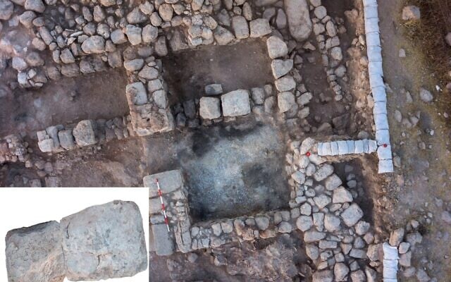 An aerial photograph of Room B in the 101 Building at Tel 'Eton in the southeastern part of Israel's Judean Shephelah. At the bottom left corner, the two segments of a standing stone (massebah). According to a 2026 study, the stone might have been repurposed following the religious reform by biblical King Hezekiah in the 8th century BCE. (Photo by Griffin Aerial Imaging; prepared by Dvir Rotem/Tel 'Eton Archaeological Expedition)