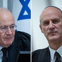 (L) Outgoing Supreme Court justice Yosef Elron at the Supreme Court in Jerusalem, September 18, 2025 and (R) Attorney Michael Rabello at the Supreme Court in Jerusalem, April 23, 2026 (Yonatan Sindel/Flash90)