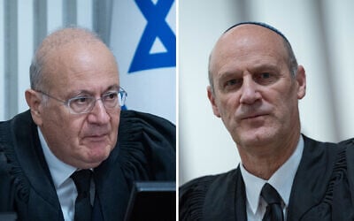 (L) Outgoing Supreme Court justice Yosef Elron at the Supreme Court in Jerusalem, September 18, 2025 and (R) Attorney Michael Rabello at the Supreme Court in Jerusalem, April 23, 2026 (Yonatan Sindel/Flash90)