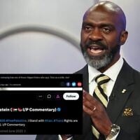 Image: Michael Blake speaks during a debate between Democratic mayoral primary candidates, June 4, 2025, New York, New York. (Yuki Iwamura-Pool/Getty Images/ via JTA); Cutout: Screenshot of 'Rabbi Linda Goldstein' account on X, taken June 11, 2026.
