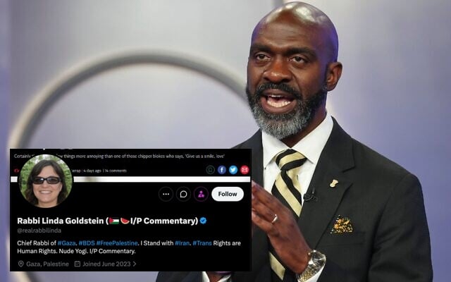 Image: Michael Blake speaks during a debate between Democratic mayoral primary candidates, June 4, 2025, New York, New York. (Yuki Iwamura-Pool/Getty Images/ via JTA); Cutout: Screenshot of 'Rabbi Linda Goldstein' account on X, taken June 11, 2026. Image: Michael Blake speaks during a debate between Democratic mayoral primary candidates, June 4, 2025, New York, New York. (Yuki Iwamura-Pool/Getty Images/ via JTA); Cutout: Screenshot of 'Rabbi Linda Goldstein' account on X, taken June 11, 2026.