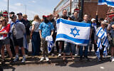 Pro-Israel counter-protesters face the main protest against the Great Israeli Real Estate Event at Edgware United Synagogue on June 14, 2026 in London. (Denise Baker/Getty Images via JTA)
