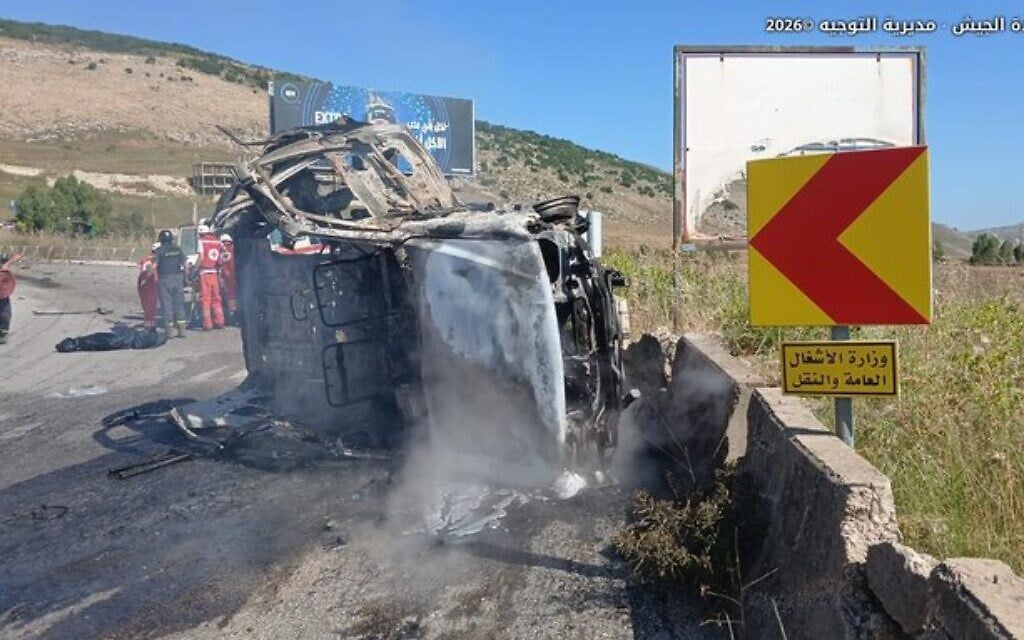 A photo published by the Lebanese Armed Forces shows a military vehicle that the army says was targeted by an Israeli strike that killed a general, a captain and a third soldier, on a road between Kfar Tebnit and Khardali in south Lebanon on June 6, 2026. (Lebanese Armed Forces via X)