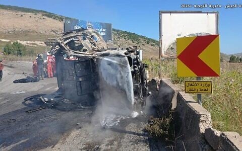 A photo published by the Lebanese Armed Forces shows a military vehicle that the army says was targeted by an Israeli strike that killed a general, a captain and a third soldier, on a road between Kfar Tebnit and Khardali in south Lebanon on June 6, 2026. (Lebanese Armed Forces via X)