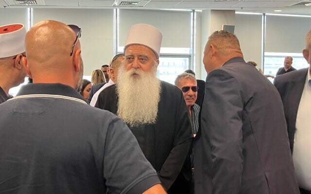 Sheikh Mowafaq Tarif (center) at a conference at Western Galilee College in Acre on June 29, 2026. (Diana Bletter/Times of Israel)