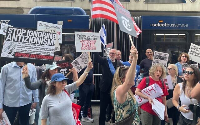 Protesters outside The New York Times, in New York City, June 4, 2026. (Luke Tress/Times of Israel) Protesters outside The New York Times, in New York City, June 4, 2026. (Luke Tress/Times of Israel)