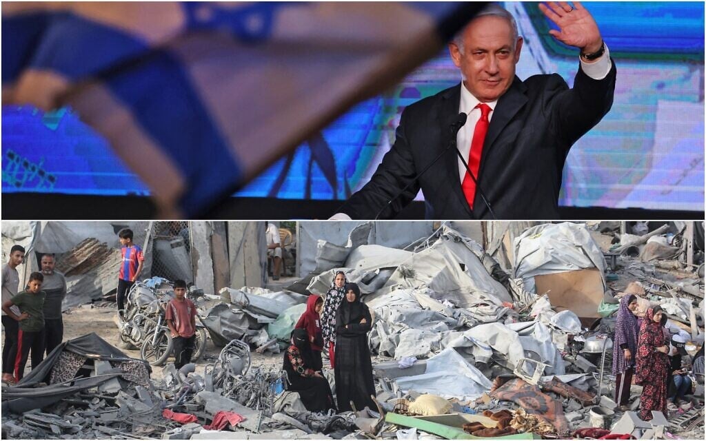 Top: Prime Minister Benjamin Netanyahu waves to supporters at the Likud party campaign headquarters in Jerusalem following elections on March 24, 2021, Bottom: Palestinians stand next to makeshift shelters at the site of an Israeli airstrike in Khan Younis, southern Gaza Strip, on June 7, 2026. (AFP/Collage/Emmanuel Dunand and Bashar Tale)