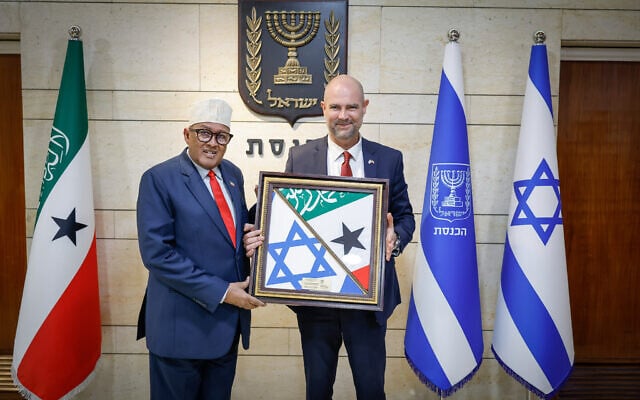 Somaliland President Abdirahman Mohamed Abdullahi and Knesset Speaker Amir Ohana in the Knesset, June 16, 2026. (Noam Moskowitz/Office of the Knesset Spokesperson)