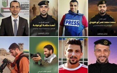 Combo pictures clockwise from top left: Ahmed Abu Eisha in civilian attire and in Palestinian Islamic Jihad uniform. Mohamed Nased Abu Huwaidi with Press flak jacket and in Islamic Jihad uniform; Ahmed Abu al-Atta in football shirt and Palestinian Islamic Jihad uniform; Hussam al-Adlouni in civilian attire and in Hamas military wing uniform. (Pictures from Hamas and Palestinian Islamic Jihad social media, Facebook, social media; Used in accordance with clause 27a of the copyright law) Combo pictures clockwise from top left: Ahmed Abu Eisha in civilian attire and in Palestinian Islamic Jihad uniform. Mohamed Nased Abu Huwaidi with Press flak jacket and in Islamic Jihad uniform; Ahmed Abu al-Atta in football shirt and Palestinian Islamic Jihad uniform; Hussam al-Adlouni in civilian attire and in Hamas military wing uniform. (Pictures from Hamas and Palestinian Islamic Jihad social media, Facebook, social media; Used in accordance with clause 27a of the copyright law)