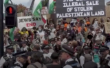Protesters at an Israeli real estate event at a London synagogue, June 14, 2026. (Used in accordance with Clause 27a of the Copyright Law)