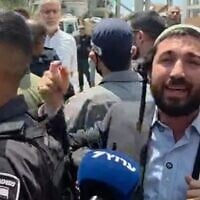 Religious Zionism MK Zvi Sukkot speaks to reporters during an uncoordinated visit to schools in Umm al-Fahm, sparking protest from residents on June 28, 2026. (Screenshot/X)