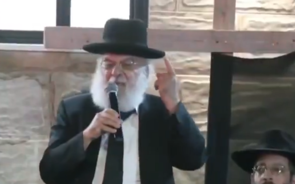 Rabbi Aryeh Yazdi curses the IDF chief of staff at a Bnei Brak event against the arrest of Haredi draft dodgers, June 29, 2026 (Video screenshot)