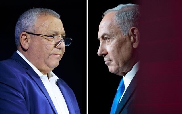 L: Yashar party chair Gadi Eisenkot, on November 1, 2025. (Moshe Shai/Flash90) R: Prime Minister Benjamin Netanyahu speaks at the Jewish News Syndicate conference in Jerusalem, on June 21, 2026. (Chaim Goldberg/Flash90)