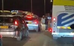 Footage from Efrat Junction in the West Bank early on June 7, 2026, after a Palestinian rammed a settler who was part of a group that blocked the road and hurled stones at cars. (Screenshot: X/used in accordance with Clause 27a of the Copyright Law)